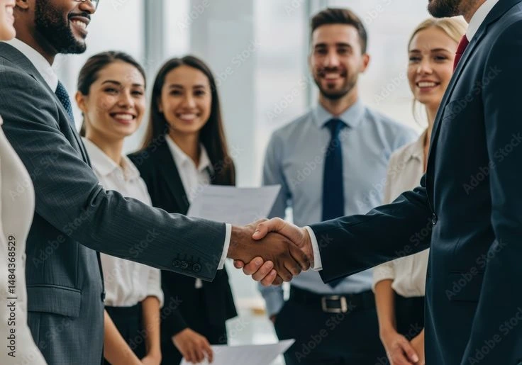 High-end professional partners smiling and shaking hands in a beautifully lit, modern architectural office workspace
