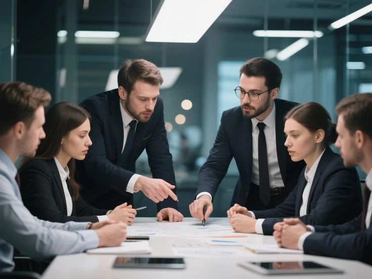Professional advisors reviewing stable growth metrics on a document in a clean conference workspace