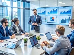 Diverse professional team collaborating in a modern open office setting around a laptop screen